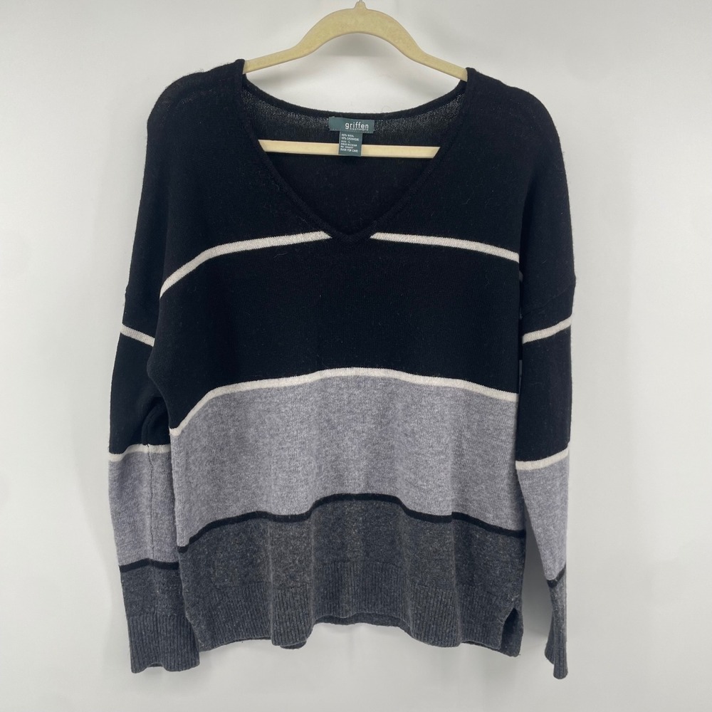 Griffen Cashmere Sweater Womens Large Black Grey Wool Blend V-Neck Striped Knit